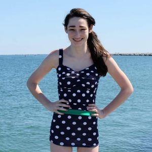 Ruche vintage styled White Polka-dot Swimsuit (Navy)